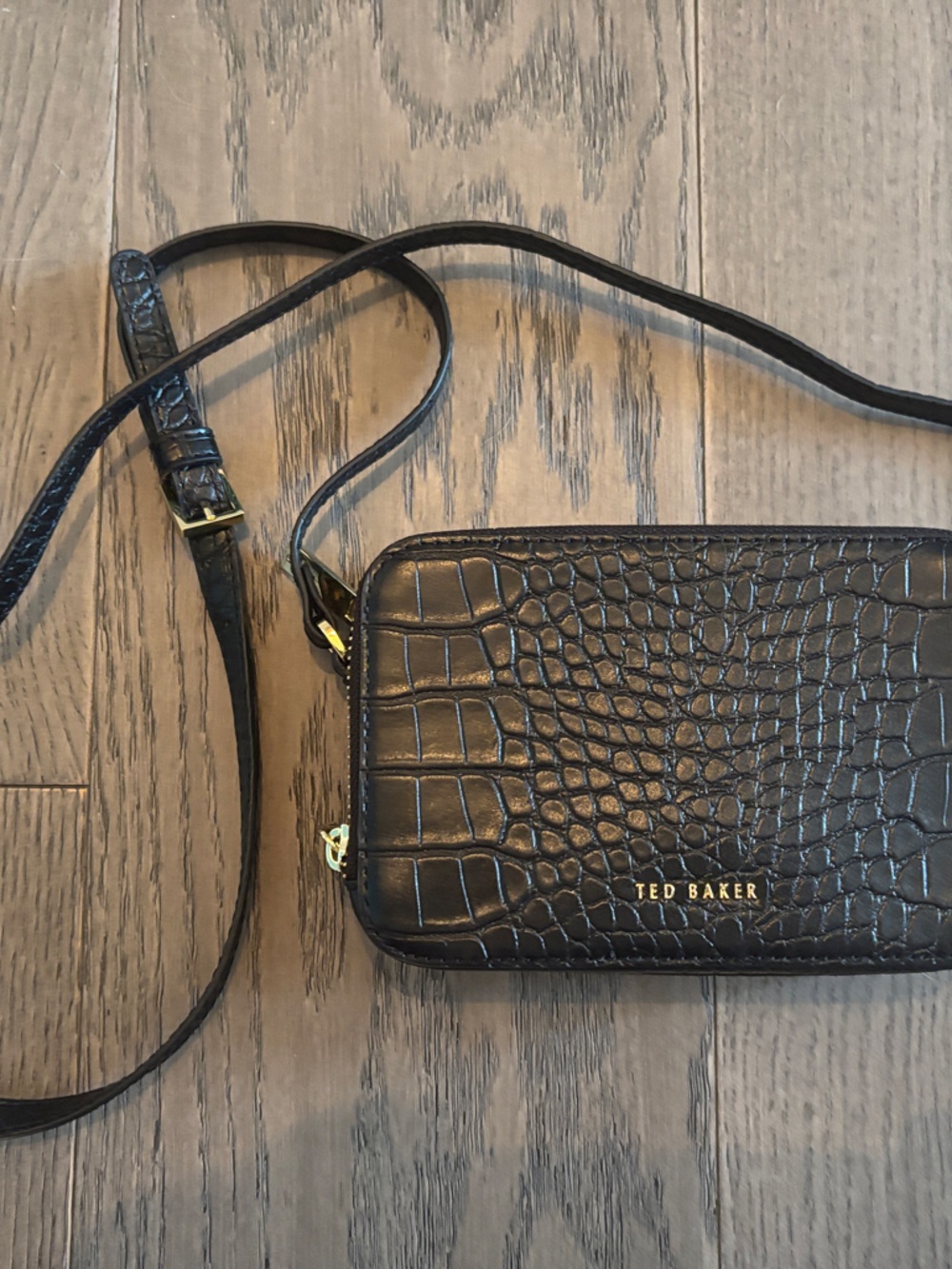 Ted Baker Black Croc-Embossed Crossbody Bag with Gold Hardware